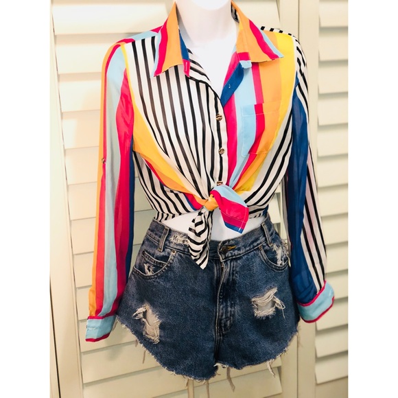 Audrey Ann Tops - Audrey Ann 80’s Colorful Striped Sheer Button Down